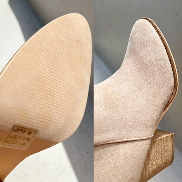 NEW Taupe Faux Suede Pointed Toe Rivet Mini Studded Block Heel Ankle Bootie Boot - Picture 13 of 16